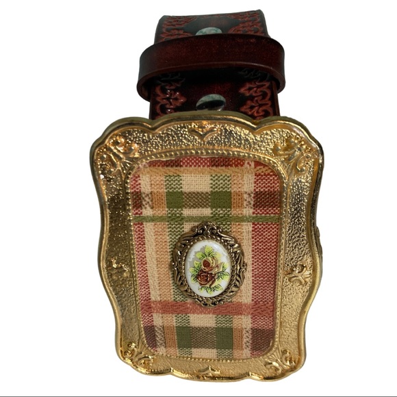 Vintage Tooled Leather Plaid Buckle Belt - Picture 6 of 7